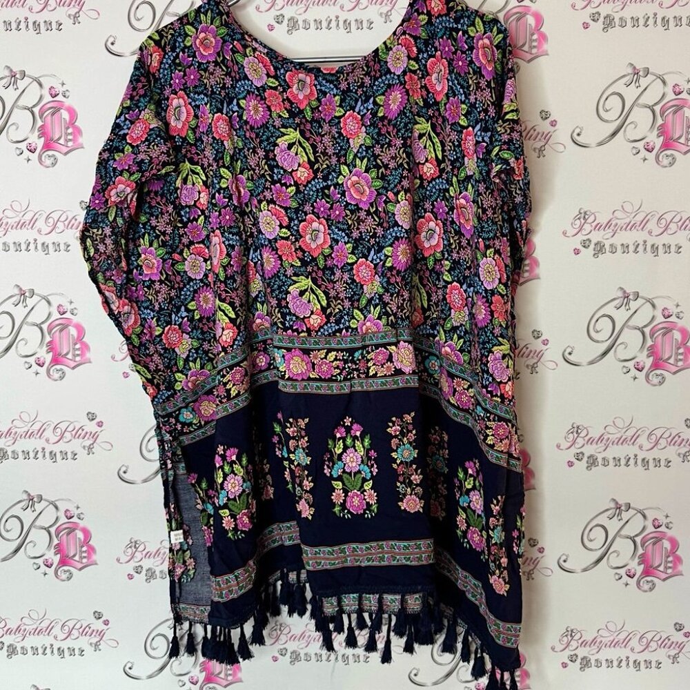 Floral Bohemian Tunic with Tassels flowy tshirt open sides flowers